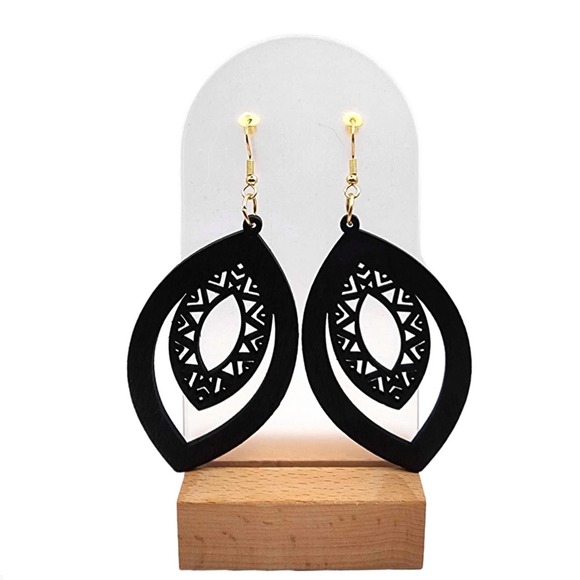 Boheme Jewelry - Hollow Cut Wood Bohemian Earrings Jewelry Teardrop Boho Style Black